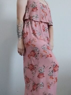 Ripe Pink Floral Maxi Dress with Ruffle Overlay - Maternity/Nursing